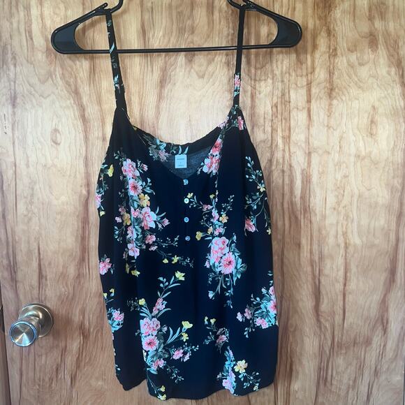 Black White Pink Floral Print Flowy Spaghetti Strap V-Neck Tank Top Size Large - Picture 1 of 8